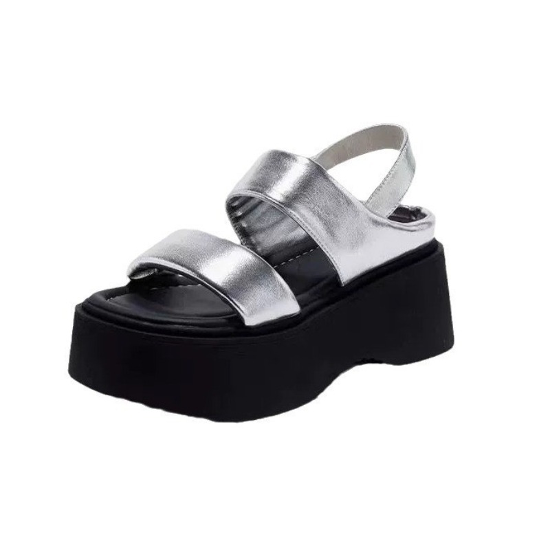 Sommer chunky sandaler dame kilehæle slides 8cm høje hæle læder afslappet kvinde strand tyk bund flip-flops: Sølv / 38