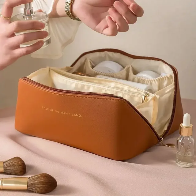 Organizador de maquillaje, kit de aseo femenino, estuche de maquillaje, bolsa de almacenamiento, caja de lujo para mujer, bolsa de cosméticos, bolsa organizadora para viaje con cremallera: Castaño