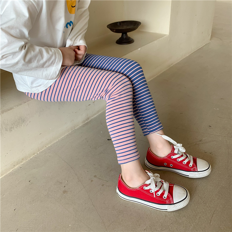 2022 Spring Girls Leggings Kids Pink and Purple Patchwork Striped Skinny Pants Children Elastic Trousers