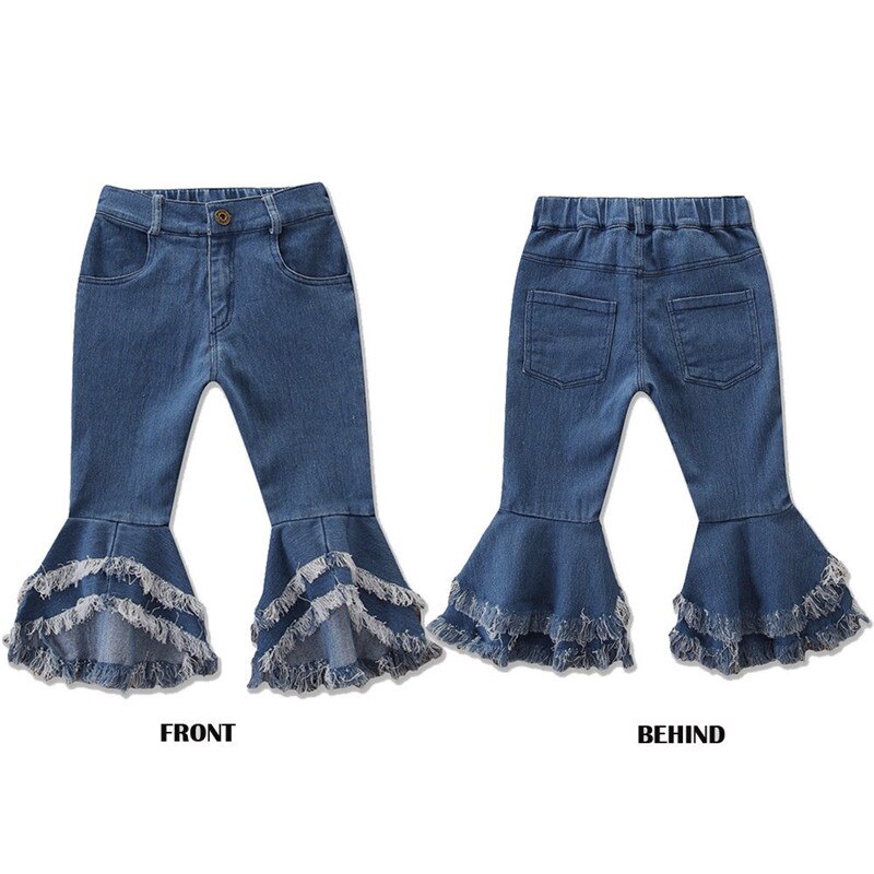 Newborn Toddler Kids Baby Girl Tassel Long Jeans Denim Ruffle Flared Pant Bell-bottom Trouser Girls Clothes 2-7Years
