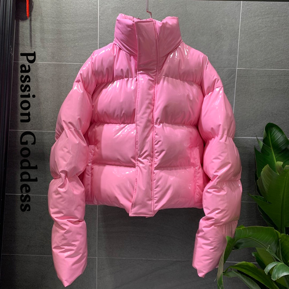 Vrouwen Winter Heldere Pu Puffer Jas Warme Dikke Bubble Jas Oversized Rits Glossy Lederen Down Parka Bovenkleding Leuke Roze Jas: Roze / L
