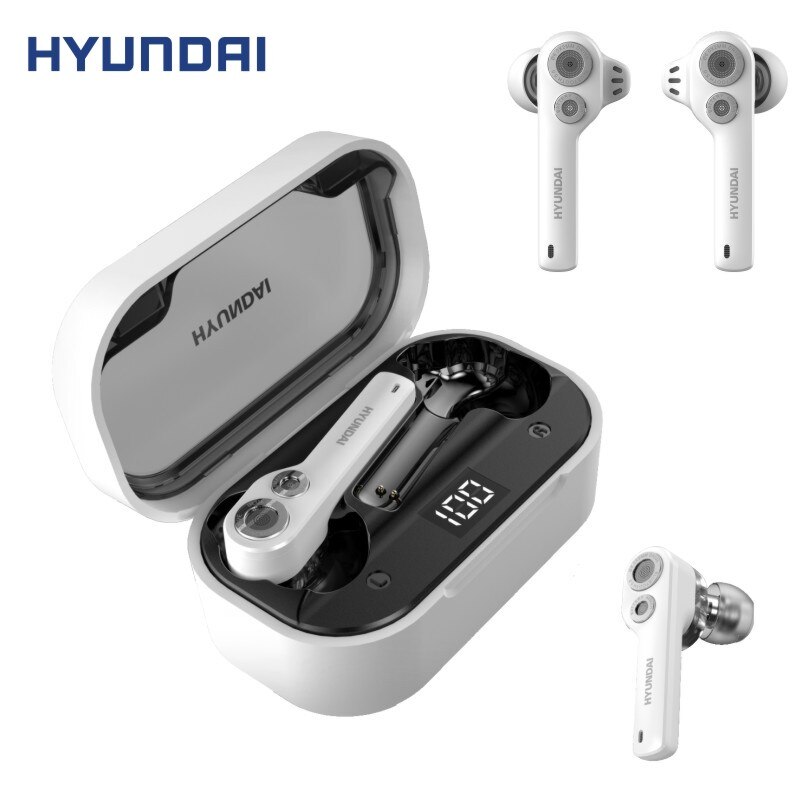 HYUNDAI HT98 double dynamique Ture sans fil écouteurs HIFI stéréo Bluetooth 5.0 AI contrôle tactile paire automatique 600mAH longue veille: White