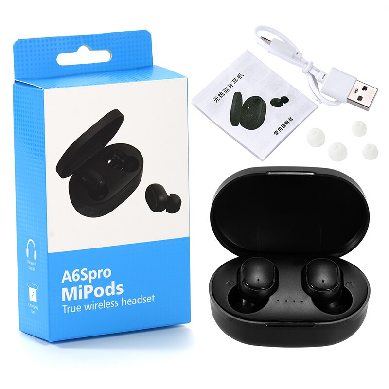 Sprimo A6S Wireless Bluetooth TWS Earphone Mini Earbuds With charging BOX noise canceling Sport Headset For smartphone: A6S black with box