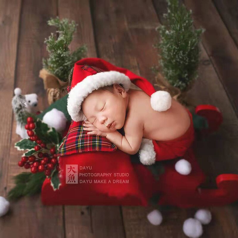 Jul baby rekvisita trä röd släde nyfödd jul outfit byxor hatt kudde uppsättning rekvisita för fotografi tillbehör pojke flicka