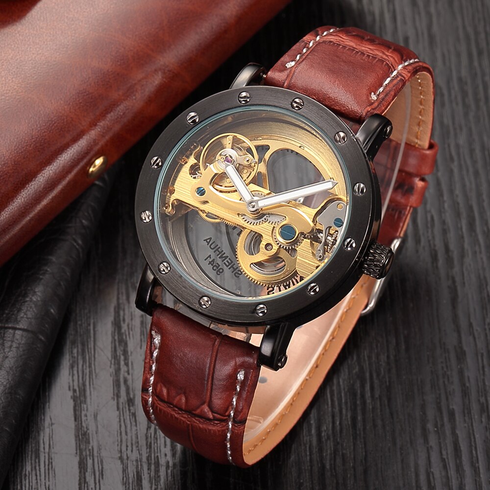 SHENHUA mannen Bridge Analoge Weergave Mechanische Horloge Skeleton Automatische Zelf Wind Man Klok Lederen Band Relogio Masculino