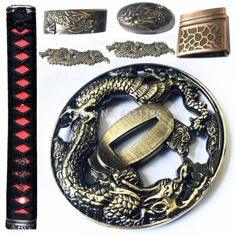 Drage tema sværdvagt til katana / wakizashi fittings sæt kirsite tsuba + menuki + fuchi + kashira + håndtag + habaki + seppa metal håndværk