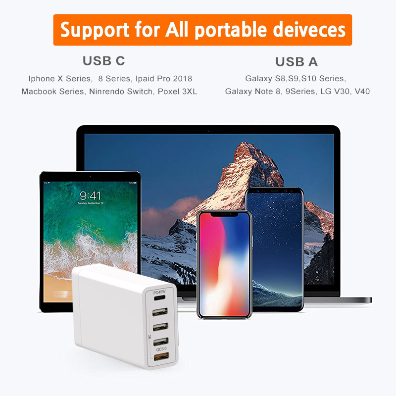 Usb C Pd Wall Charger 60 W Power Levering 5-Poort Met QC3.0 Usb Wall Charger Voor Iphone Ipad galaxy Lg Htc Usb Laadstation