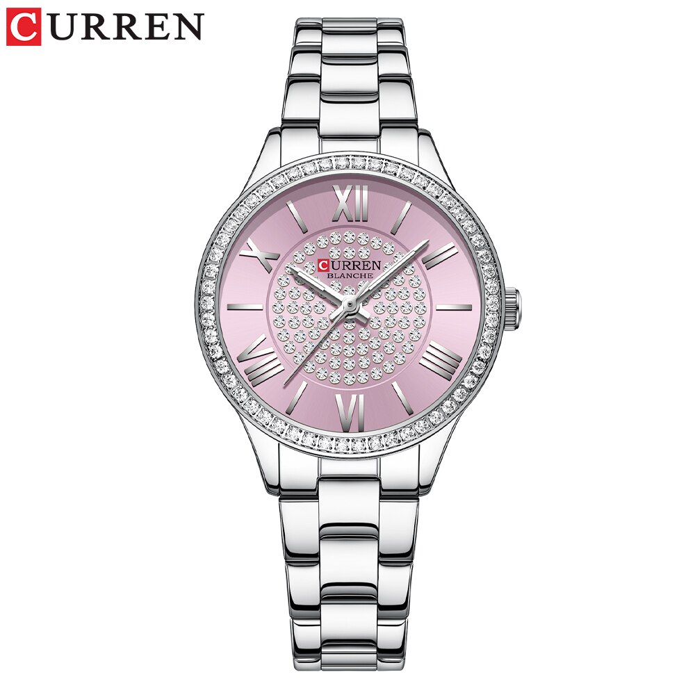 Curren Luxe Golden Dial Horloges Voor Vrouwen Met Rvs Band Mode Strass Dames Horloge Met Lichtgevende: silver pink