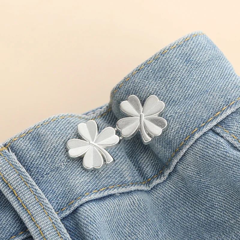 Botón de cintura con lazo para apretar, hebilla de cintura ajustable en forma de estrella y flor, sin costura, broche para pantalones, alfileres de fijación para pantalones vaqueros reutilizables: Verde esmeralda / RED