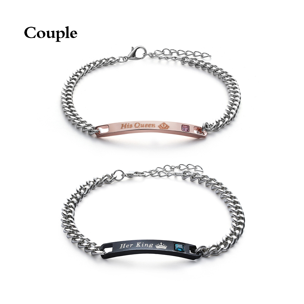 Love Bangle Men Women Her King His Queen Couple Bracelets Titanium Steel Crystal Crown Charm Wrist Chain Valentine's: King and Queen