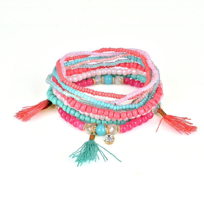 Ethnic Bohemian Tassel Beach Charm Bracelets For Women Boho Multilayer Beads Crystal Beaded Jewellery Bracelet Set Femme: Red Green