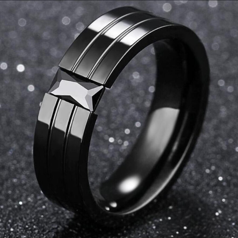 Tension Setting Square Zircon Rings for Men Women Black Color Stainless Steel Ring for Parties