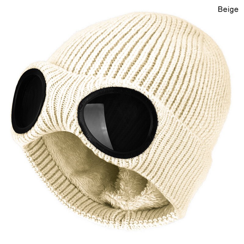 Dihope winter warme gebreide mutsen unisex volwassen winddichte skimutsen met afneembare glazen dikke sport multifunctionele: Beige