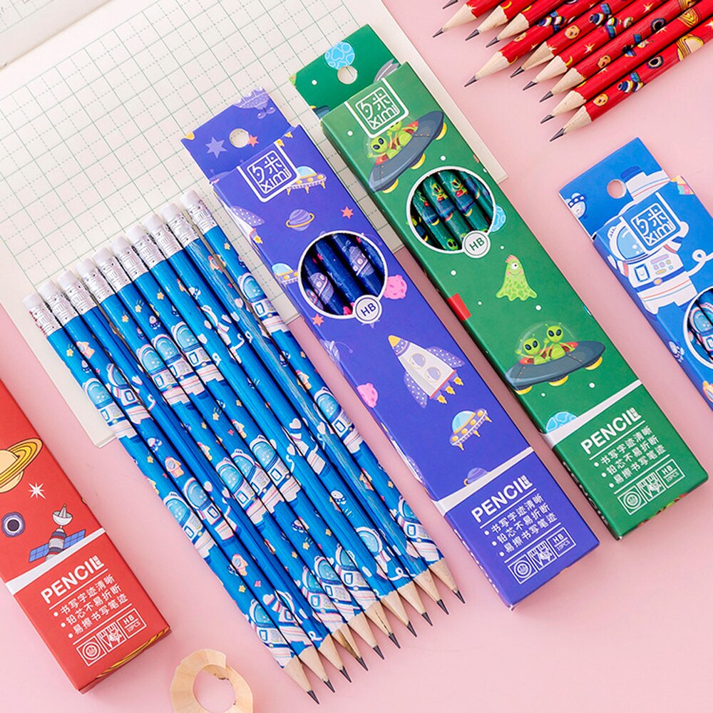 10Pcs/lot Cartoon Boxed Pencils Student Writing Drawing Sketch Pen Set Wooden HB With Eraser Pencil Stationery School Supplies