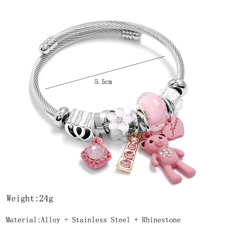 Bracelets &amp; Bangles Stainless Steel DIY Jewelry Big Pink Bear Pendant Hearts Love Women&#39;s Bracelet Cuff Charms Pulseras