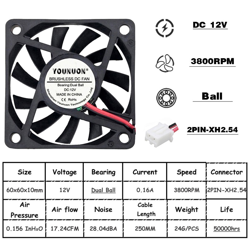 2 Stuks 5V 12V 24V 60Mm 6010 Dc Fan 60X60X10Mm 6cm Cooling Koeler Fan Computer Pc Cpu Case Cooling Kogellager Fan: 6010 12V Ball XH2.54