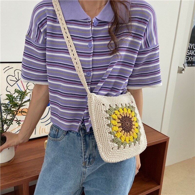 Zomer Zonnebloem Kleine Messenger Bag Hollow Geweven Gebreide Schouder Crossbody Zakken Voor Meisjes Mini Katoenen Doek Handtas