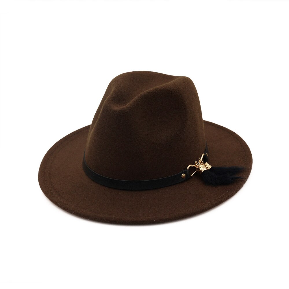 HanXi Winter Women Hat Wool Fedoras Felt Hat Lady Classical Flat Brim Cap PU Leather Band Metal Buckle: coffee