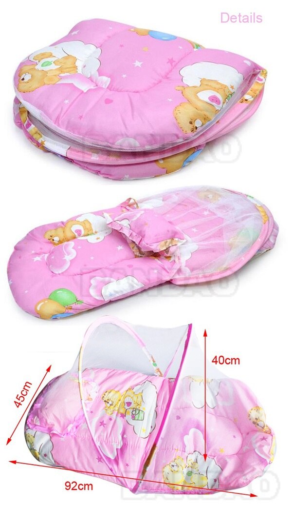 folding Baby Mosquito net Insect multi-function Cradle Bed Netting Infant foldable Canopy Cushion Mattress with pillow and pad: big pink cushion