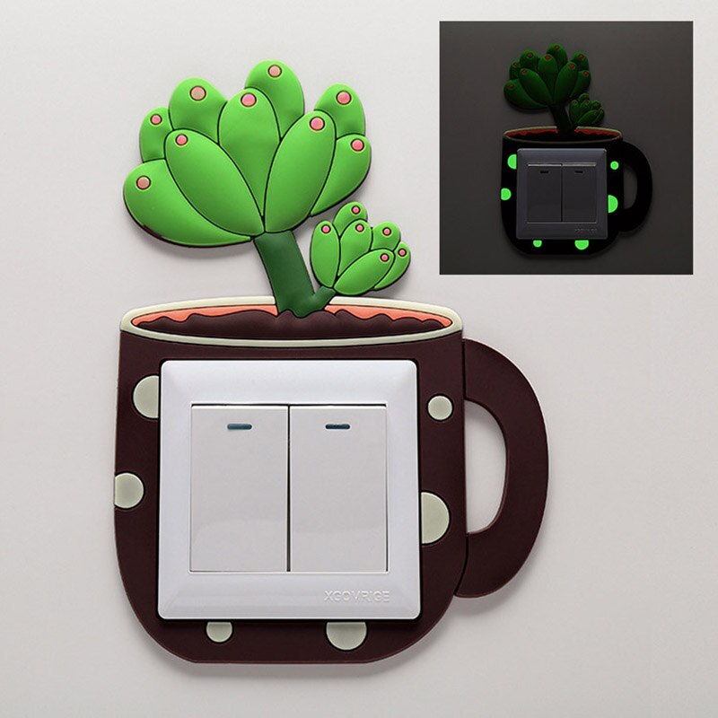 Cactus de dibujos animados fluorescentes, pegatinas para interruptor de pared, decoración para habitación de bebé, interruptor de luz luminoso, decoraciones de pared 3d