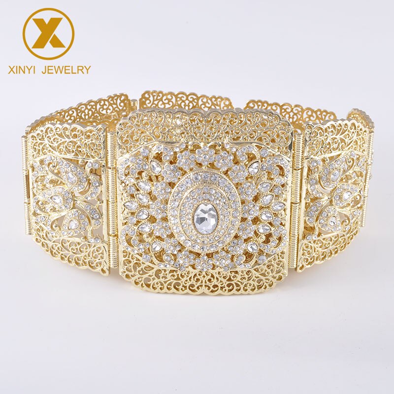 Europese Stijl Prachtige Strass Gouden Riem Met Uitgeholde Bloem Crystal Lange Mouwen Buik Keten Dame Metalen Riem: GOLD white