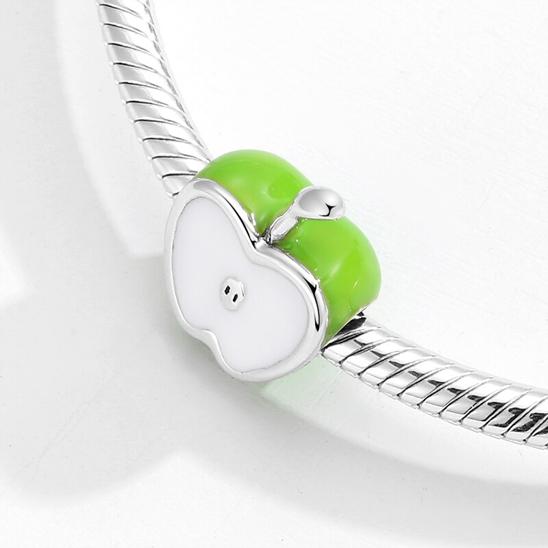 Green apple 925 Sterling Silver Charm Enamel Beads Accessories fits Original DIY Bracelets Jewelry Making