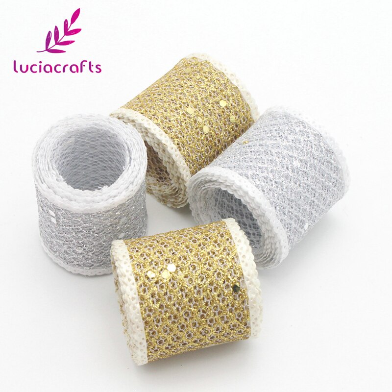 Lucia ambachten 40mm 4y/lot Zilver Goud Glitter Mesh Organza Lint Voor Verpakking Bruidstaart Decoratie DIY craft P0601