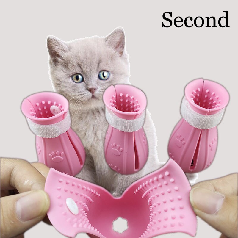 Calcetines de baño de silicona para gatos, antiarañazos, accesorios para mascotas, suministros para perros: Second Pink