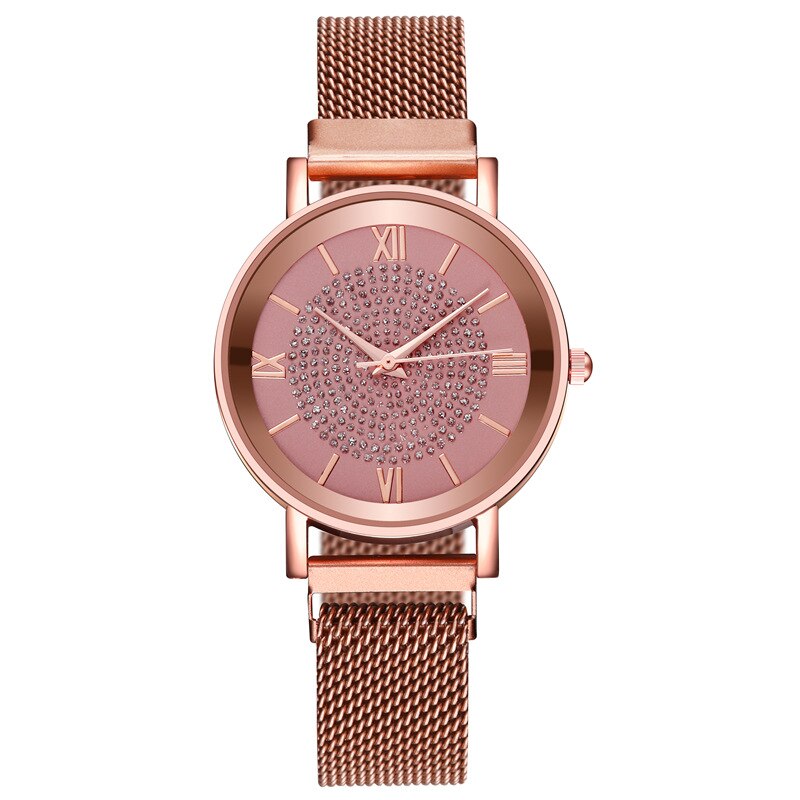 Relojes de de lujo para mujer, elegantes relojes de pulsera de oro para mujer, reloj de pulsera de cuarzo con hebilla magnética de malla inoxidable: pink