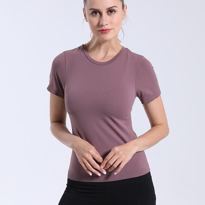 Sportliches kurzarm-fitness-shirt für #39 , nahtlos gestrickt, eng anliegend, schnelltrocknend, für fitnessstudio, yoga und freizeit, crop-top: Lila / S