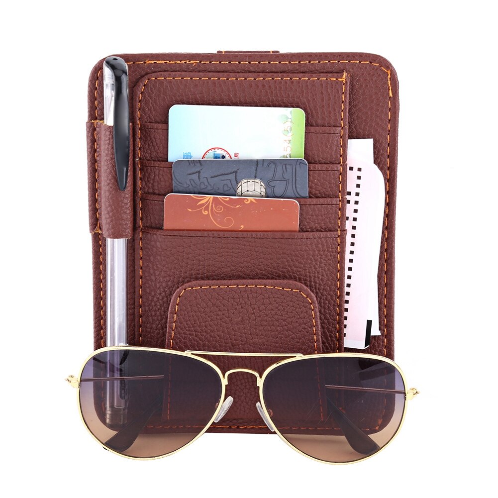 Auto Sonnenblende Organizer Rechnung Stift Karte Halfter CD Organizer Lagerung Kasten Sonnenbrille Clip PU Leder Verstauen Aufräumen Auto Zubehör: Braun