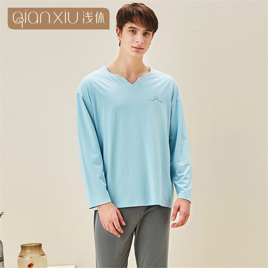 Sleepwear Male Spring Autumn Cotton Bamboo Fiber Men Pajamas Set Casual Long Sleeve + Long Pants 2 Pieces Men's Pajama Pullover