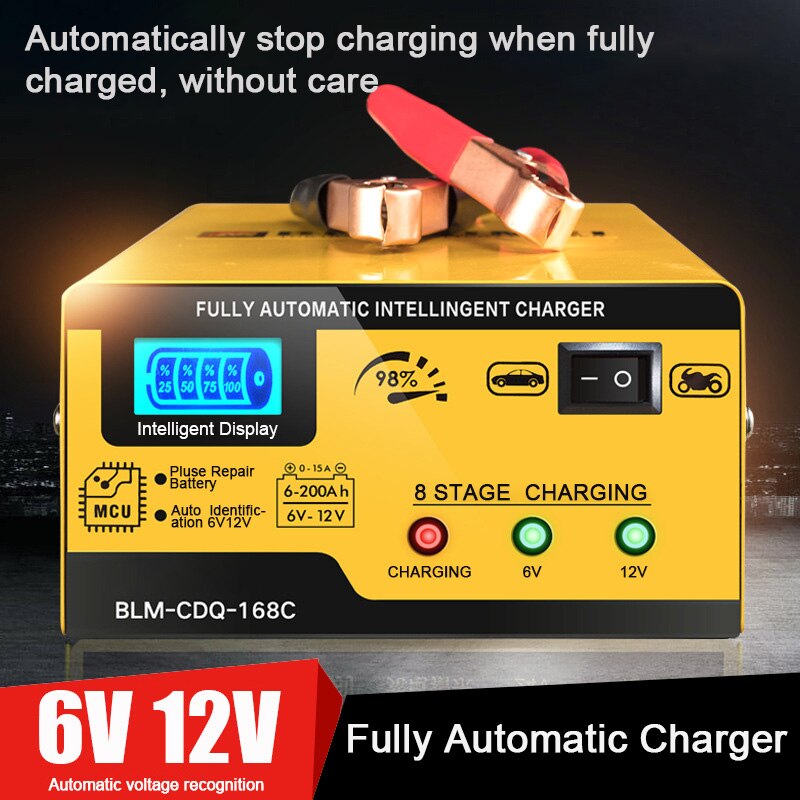 Batería de coche de 6V 12V Charger15A AGM, reparación inteligente de pulso de batería de arranque 200AH para coche, motocicleta, plomo ácido Agm, Gel húmedo
