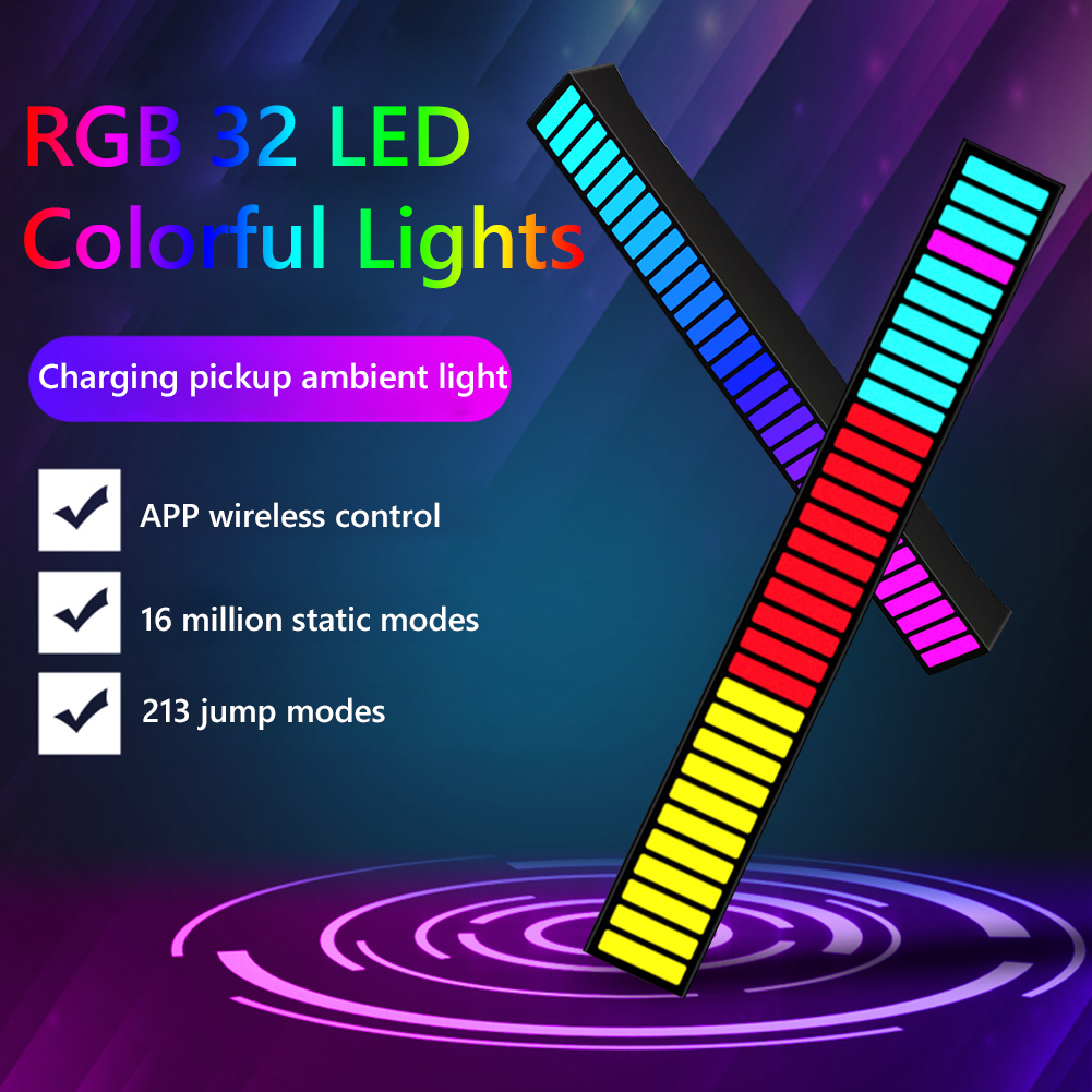 RGB Music Sound Control Light 32 LED App Control Voice-Activated Pickup Rhythm Light Music Ambient Lamp Colorful LED Strip Light