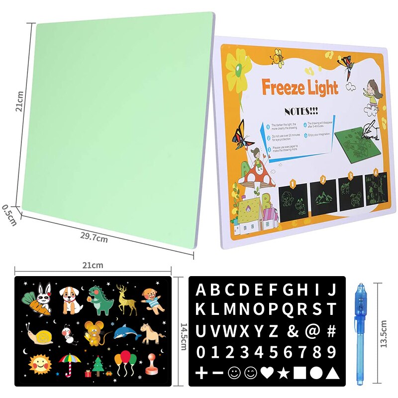 Planche à dessin légère pour les enfants, ELICE A3 lumière tapis de dessin dessiner avec la lumière, tampon magique éclairer tapis de dessin pour les enfants avec stylo magique