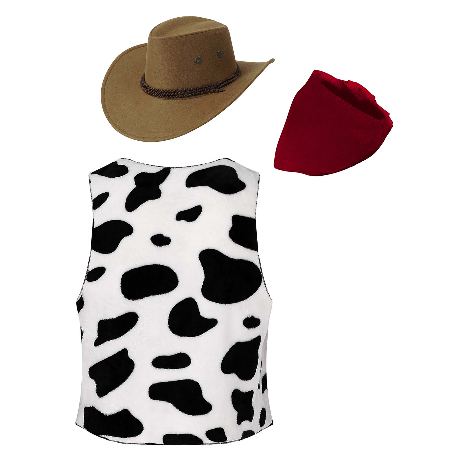 Herren Western Cowboy Cosplay Kostüm Anzug mit Hut und Aufdruck Bandana Kuh bedruckte Flanellweste für Halloween Karneval Party