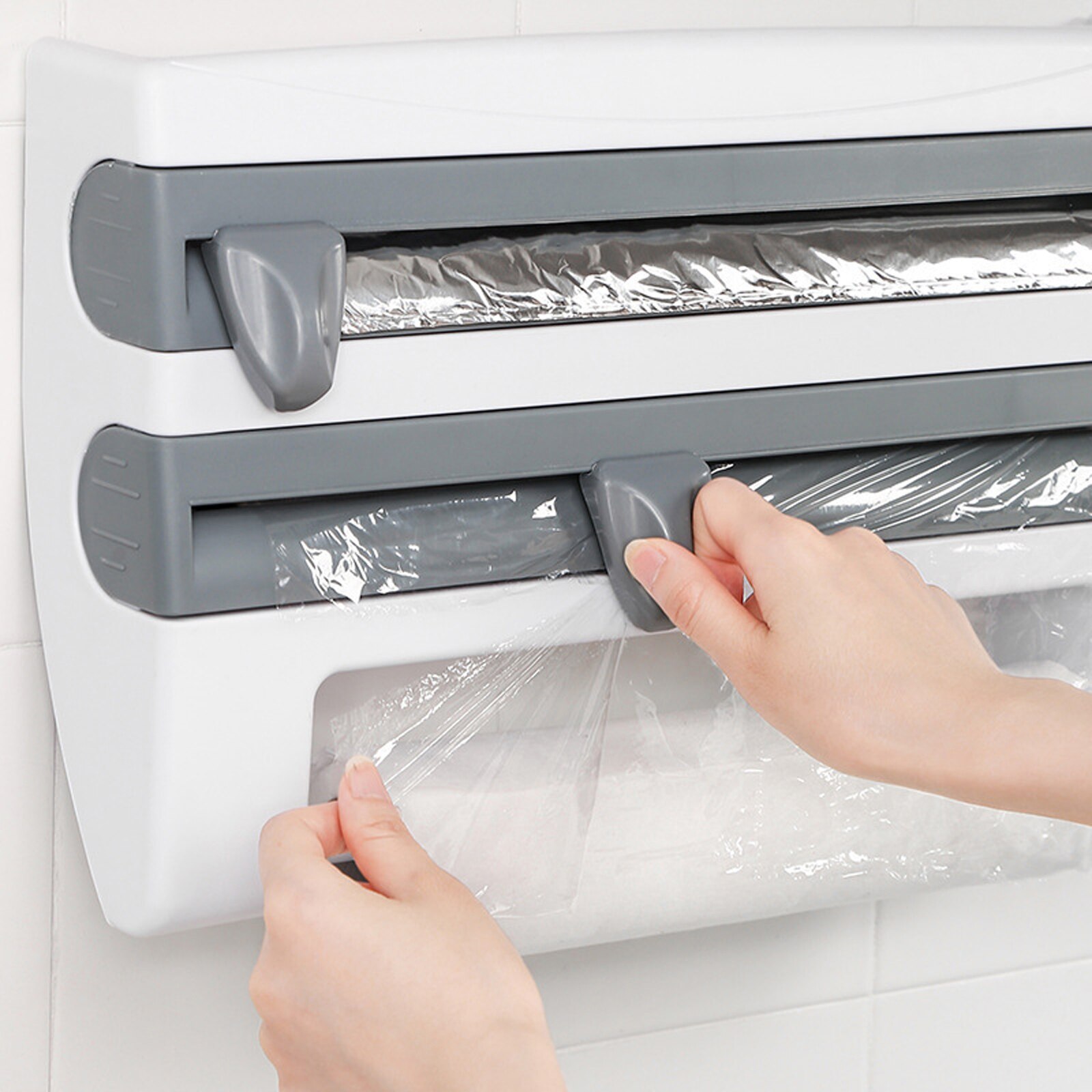 3-In-1 Kitchen Wrap Dispenser Multifunctional Wall-Mounted Plastic Foil Dispenser with Slide Cutter White/Khaki/Gray