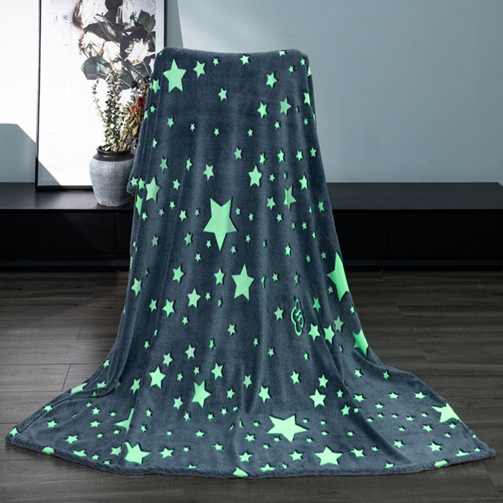 Glow In The Dark Fleece Blanket Throw Grey Stars / Moon Plush Furry Throw Warm Blanket Sofa Bedspread