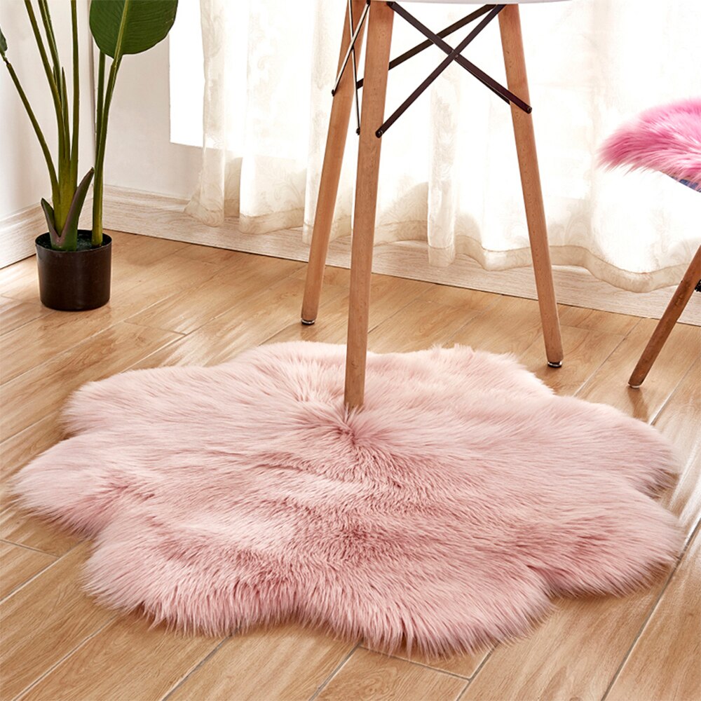 Alfombras de cuero de oveja rosa, Alfombra de lana de piel sintética suave antideslizante con forma de flor en ángulo, alfombras modernas para sala de estar: pink