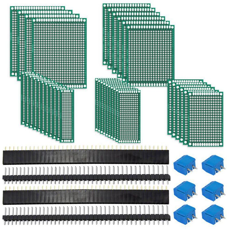 62Pcs PCB Board Kit Includes 32Pcs Double Sided Prototype Boards, 20Pcs Header Connector and 10 Pcs Screw Terminal Blocks