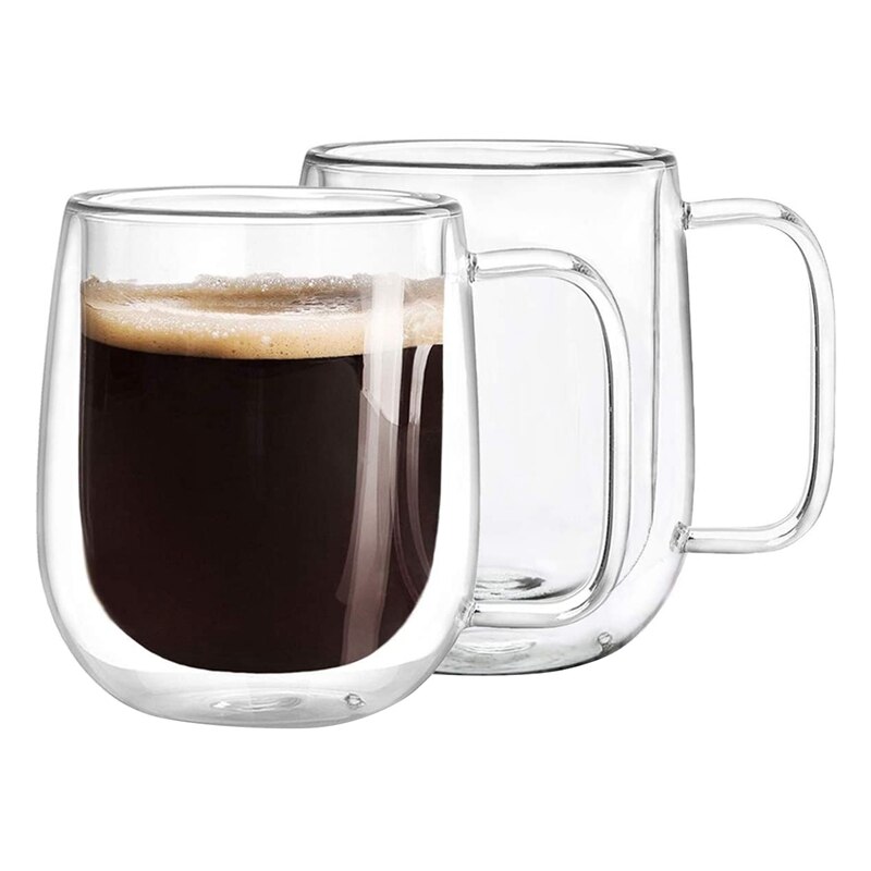 Dubbelwandige glazen koffiemokken theekopjes set  of 2,  thermisch geïsoleerd en geen condensatie met brede handgreep  (300ml)