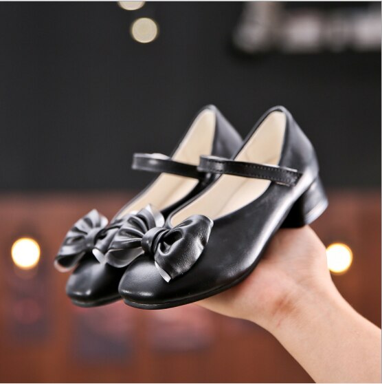 Children Bow High Heel Leather Shoes Princess Pointed Toe Kids White Wedding Shoe Sweet Toddler Causal Moccasins: black / 12.5