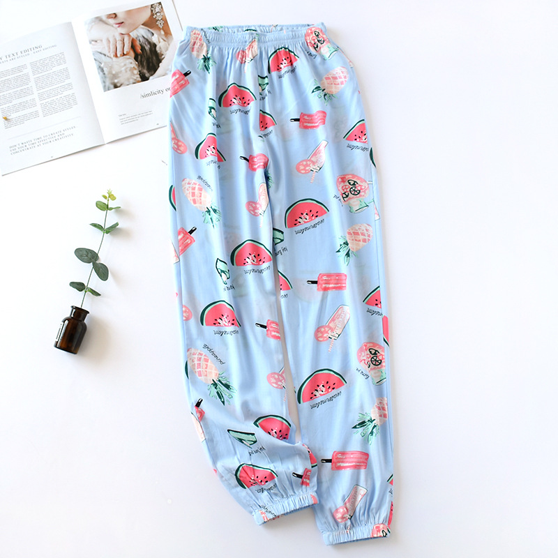 Mallas de dormir para mujer, pantalones de pijama a prueba de mosquitos, holgados, con estampado de viscosa, cintura elástica, satén: blue watermelon