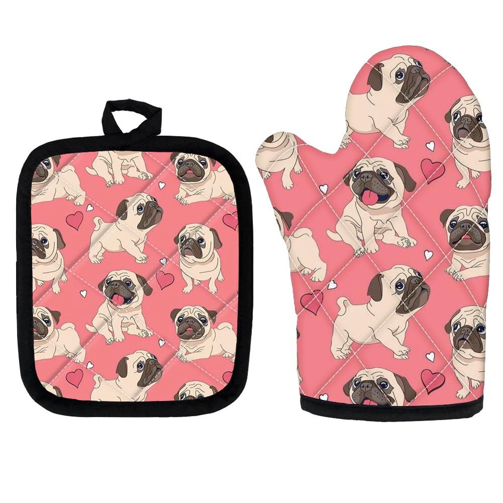 Söt mops hund rosa mikrovågsugn isoleringshandskar tjocka mjuka polyester kök anti tillbehör för husmanskost mattor