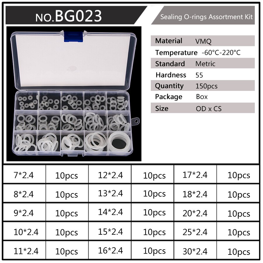 Silicone VMQ Blanc Joints toriques OD 6mm-20mm CS 1.5mm 1.9mm Durable JOINTS TORIQUES Assortiment Kit 10 Tailles 150 Pièces/ensemble BG037: BG023 x1