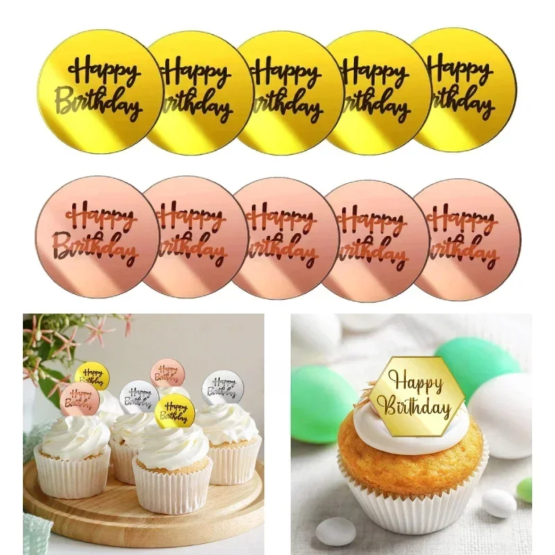 10 stk. tillykke med fødselsdagen cupcake toppers guld akryl cirkel dessert kage gør-det-selv dekorationer indsæt kort børnefødselsdagsfest dekoration