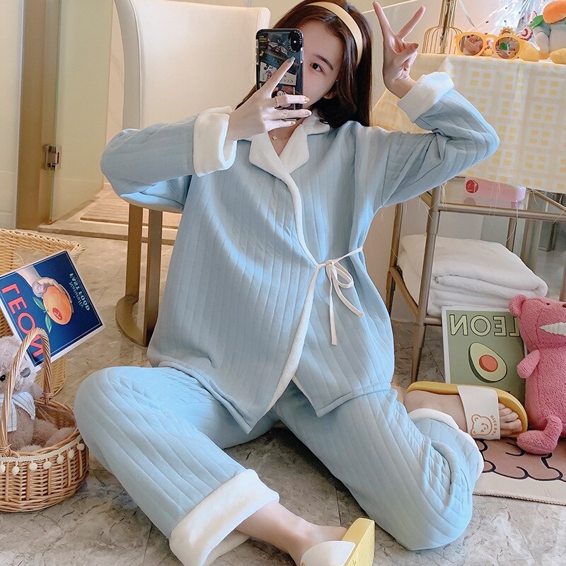 Ropa de maternidad, traje de tirantes, Top de lactancia, ropa de dormir cálida, pantalones ajustables de cintura interna, pijamas de algodón posparto