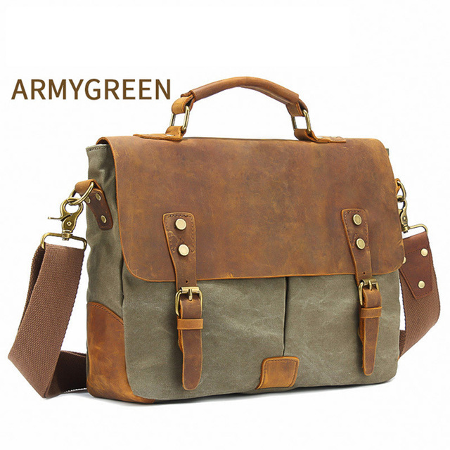 MARKROYAL Vintage Crazy Horse cuero lona bolsas de mensajero maletín para ordenador portátil bolso cruzado: Verde