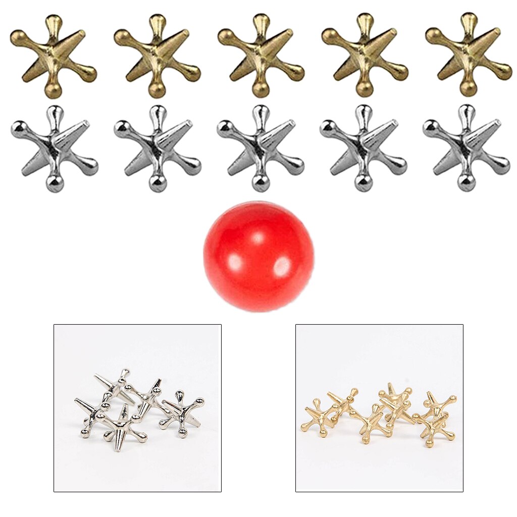 Metal Play Jacks Game w/ Bouncy Ball Set 10X Gold Silver Metal Jacks Metallic Jacks and 1pcs Bouncy Ball Set Game Party Toys