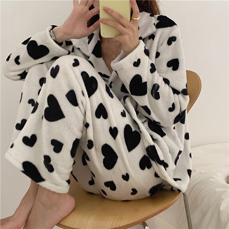 winter warm cardigans pajamas set cute home set long sleeve jacket elastic pants pijamas 2 piece set home clothes tops coat